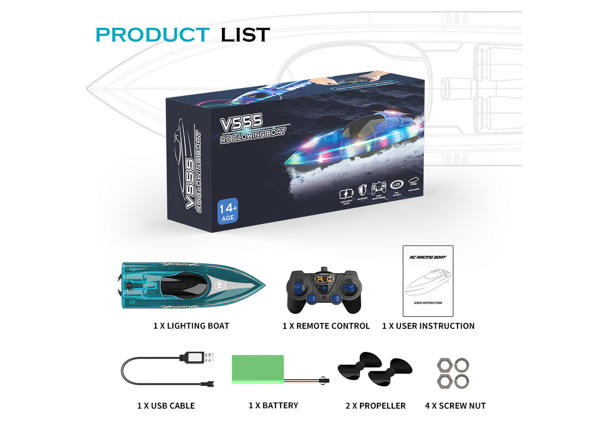 Радиоуправляемый катер Flytec V555 зеленый с подсветкой 24G RTR