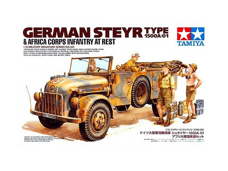 Склеиваемая модель Tamiya 135 Машина Steyr Type 1500A01 афр корпус с 4 фигурами пехотинцев