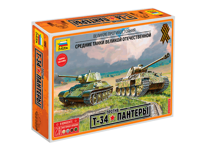 Сборная модель ZVEZDA Великие противостояния Т34 против Пантеры сборка без клея, 172