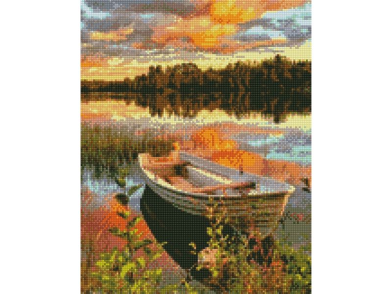 Алмазная мозаика с нанесенной рамкой 40х50 ЛОДКА НА ОЗЕРЕ 36 цветов