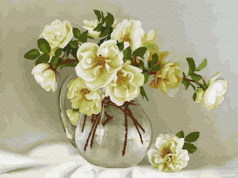 Картина по номерам на дереве 40х50 БУЗИН БЕЛЫЕ РОЗОЧКИ 24 цвета