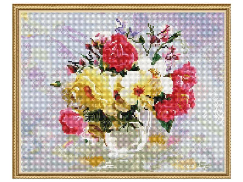 Алмазная мозаика с нанесенной рамкой 40х50 БУЗИН РОЗЫ В КУВШИНЧИКЕ 36 цветов