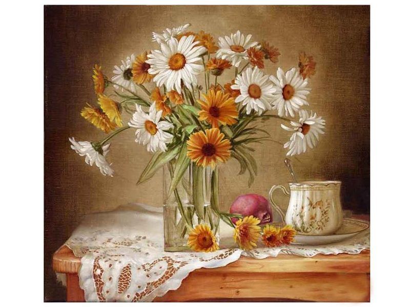 Картина по номерам 30х30 Натюрморт с ромашками и календулой 19 цветов