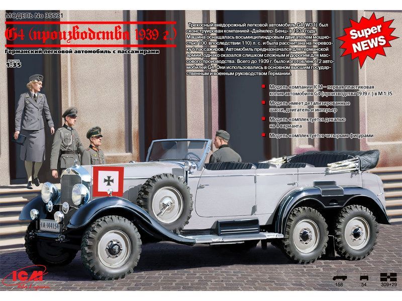 Сборная модель ICM Германский автомобиль G4 1939 с пассажирами, 135
