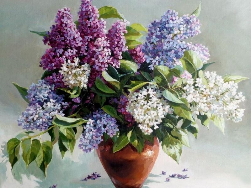 Картина по номерам с цветной схемой на холсте 30х40 Букет сирени 19 цветов