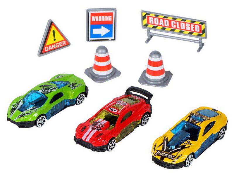 Набор металлических машинок AUTODRIVE JB0403990, Гоночные машины 3шт с дор знаками вк 2317,54см