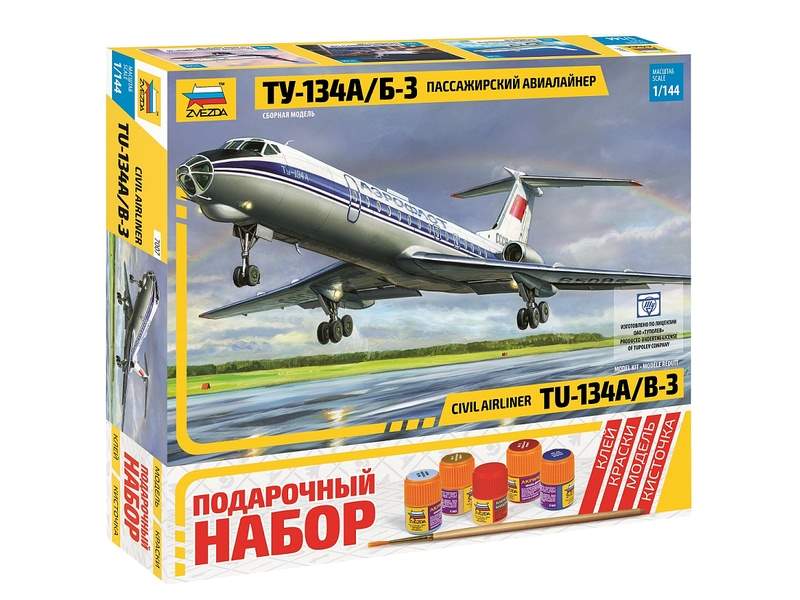 Сборная модель ZVEZDA Пассажирский авиалайнер Ту134АБ3, подарочный набор, 1144