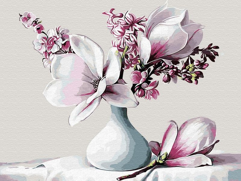 Картина по номерам на дереве 40х50 БУКЕТ С МАГНОЛИЕЙ 24 цвета