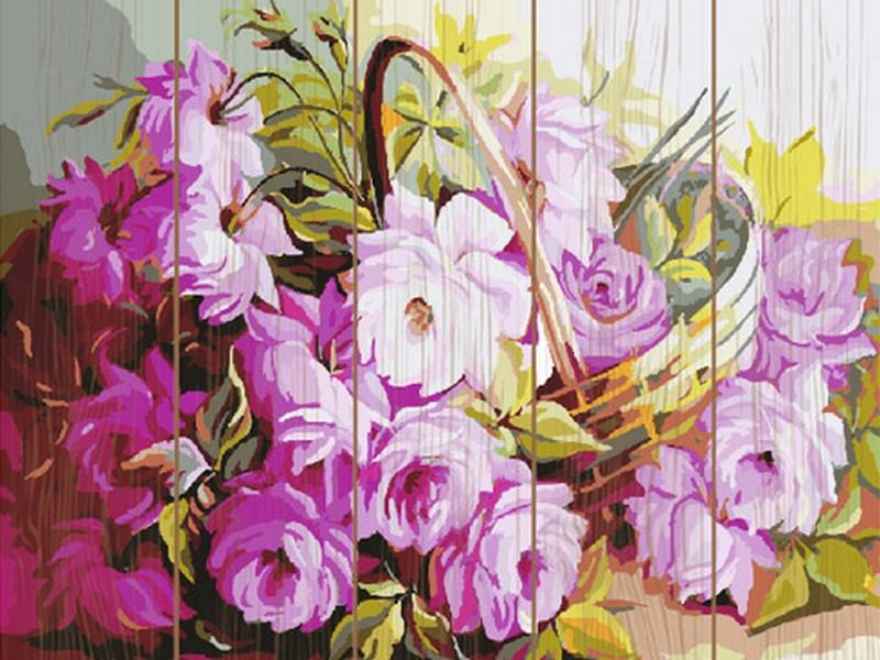 Картина по номерам на дереве 40х50 КОРЗИНА С ЦВЕТАМИ 27 цветов