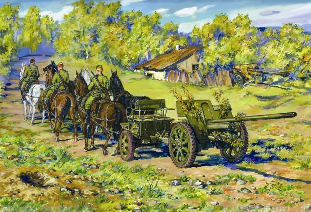 Сборная модель Cоветская дивизионная пушка 2 МВ с конной тягой , шт