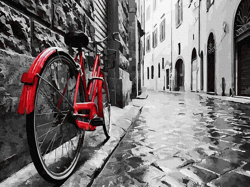 Картина по номерам 40х50 КРАСНЫЙ ВЕЛОСИПЕД В СТАРОМ ГОРОДЕ 23 цвета