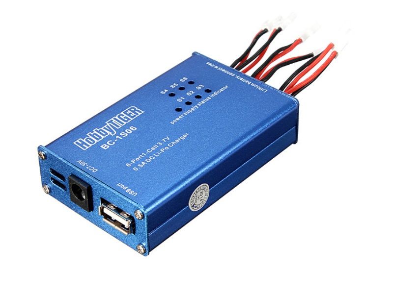 Зарядное устройство HobbyTiger BC1S06 для заряда шести аккум 1S LiPo, 6x500mAh, Molex