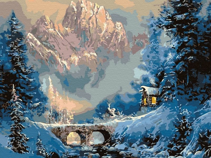 Картина по номерам на дереве 40х50 ЗИМА В ГОРАХ  24 цвета