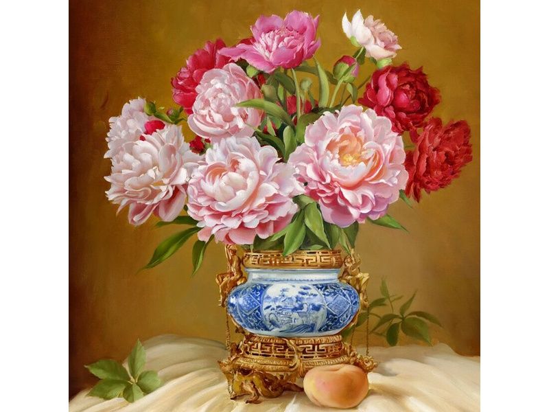 Алмазная мозаика 30х30 БУЗИН ПИОНЫ В КИТАЙСКОЙ ФАРФОРОВОЙ ВАЗОЧКЕ 26 цветов