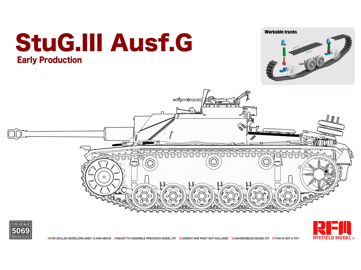 Сборная модель RYEFIELD MODEL Немецкая САУ StuG III Ausf G, раннее прво с раб траками, 135
