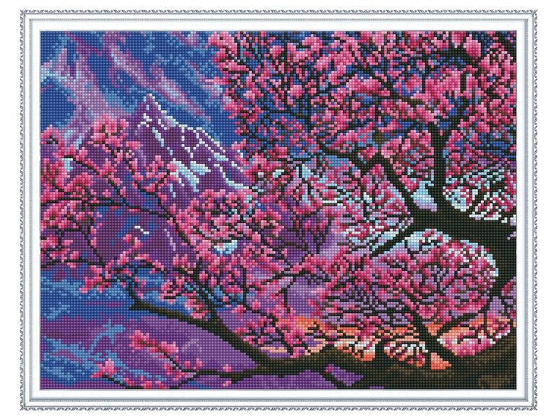 Алмазная мозаика с нанесенной рамкой 40х50 САКУРА В ЦВЕТУ 20 цветов