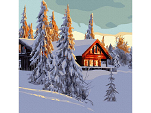 Картина по номерам 30х30 ДОМИК В ЗИМНЕМ ЛЕСУ 18 цветов
