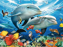 Алмазная мозаика 15х20 ДЕЛЬФИНЫ В МОРЕ 7 цветов