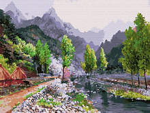 Картина по номерам на дереве 40х50  ВЕСНА В ГОРАХ 27 цветов