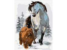 Картина по номерам 15х20 ЛОШАДЬ С СОБАКОЙ НА ПРОГУЛКЕ 13 цветов