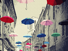 Картина по номерам 40х50 РАЗНОЦВЕТНЫЕ ЗОНТИКИ 26 цветов