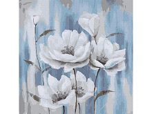 Картина по номерам 30х30 БЕЛЫЕ МАКИ НА ГОЛУБОМ ФОНЕ 15 цветов
