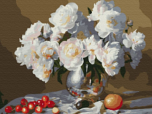 Картина по номерам с цв схемой на холсте 30х40 НАТЮРМОРТ С БЕЛЫМИ ПИОНАМИ 23 цвета