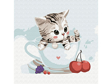 Картина по номерам 20х20 КОТЕНОК В КРУЖКЕ 13 цветов