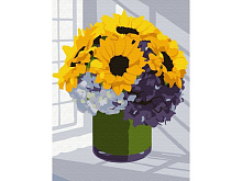 Картина по номерам 15х20 БУКЕТ ПОДСОЛНУХОВ С ГОРТЕНЗИЕЙ 13 цветов