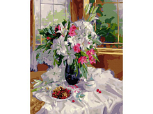 Картина по номерам с цветной схемой 40х50 ГОРЯЧЕВА С ЛИЛИИ НА ТЕРРАСЕ 28 цветов