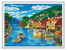 Алмазная мозаика с нанесенной рамкой 40х50 ГОРОДОК НА ЗАЛИВЕ 28 цветов