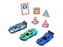 Набор металлических машинок AUTODRIVE JB0403989, Гоночные машины 3шт с дор знаками вк 2317,54см